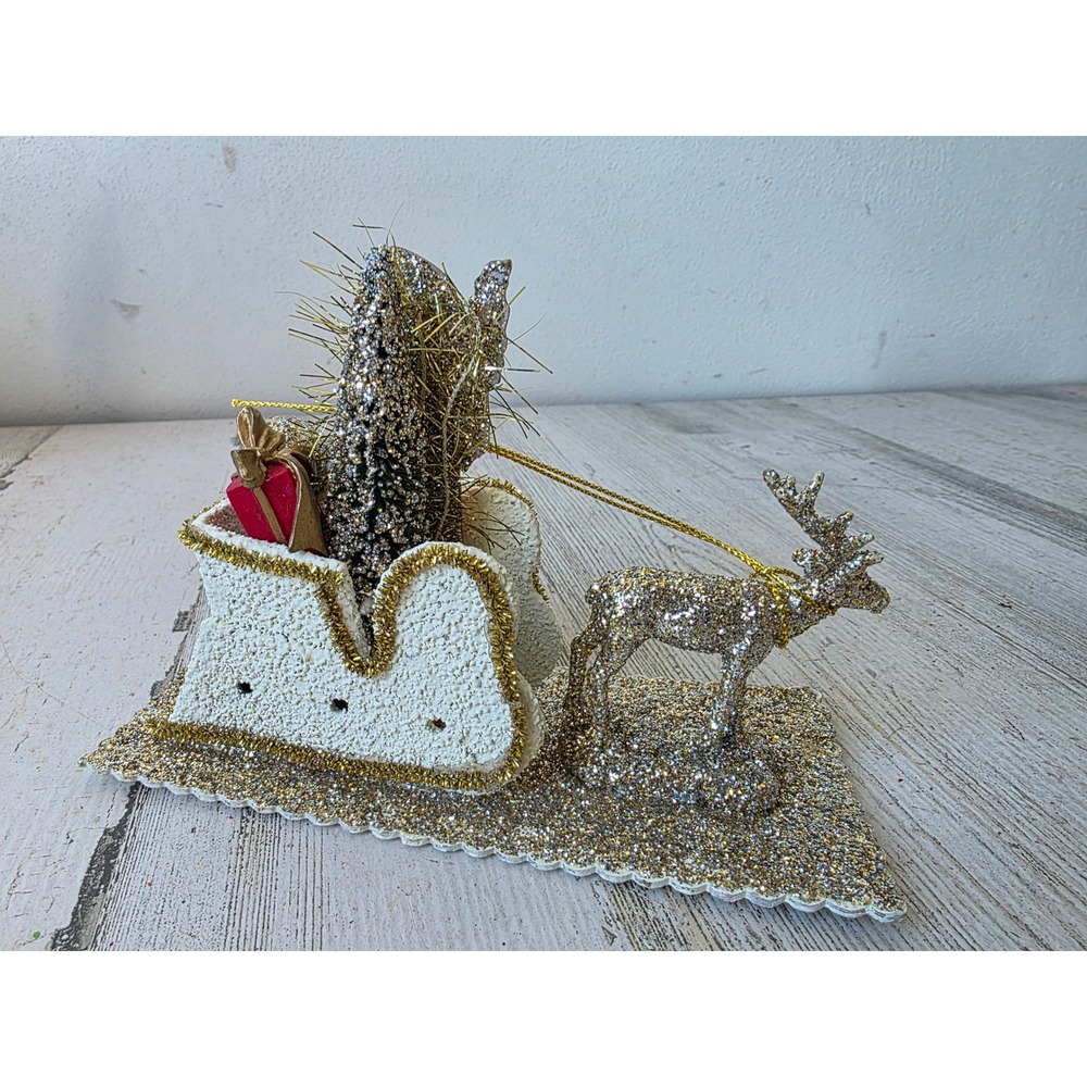 Glitter cardboard die cut paper Santa sleigh reindeer vtg style white gold
